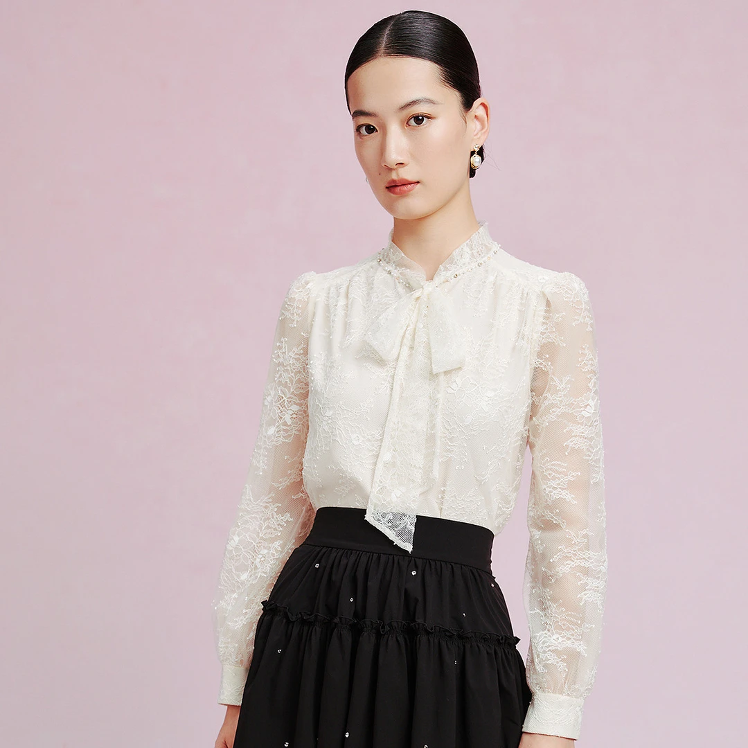 【婷婷专属】拉珂蒂春秋通勤时尚系带领雅致链条蕾丝钉珠衬衫女