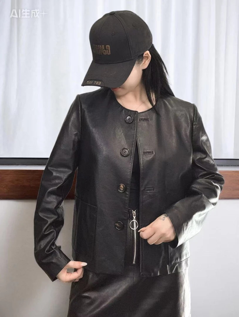 真皮女士圆领气质百搭韩版秋季外套