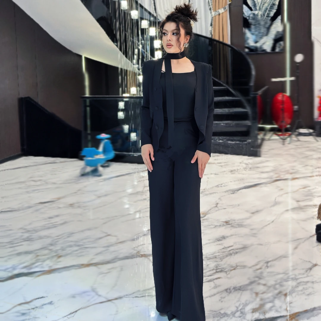 秋季气质时尚西装长裤通勤轻奢长袖显瘦休闲套装黑色上衣阔腿裤