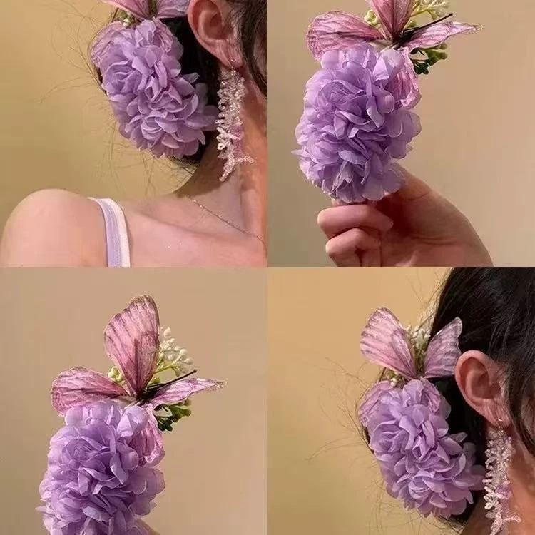 超仙紫色仿真蝴蝶花朵发夹女2025新款侧边夹发卡氛围感鸭嘴夹头饰