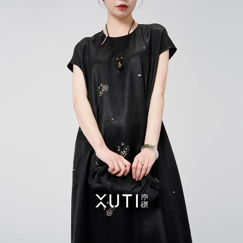 序缇『月盈春』春夏新款复古新中式女装桑蚕丝连衣裙H66-6912