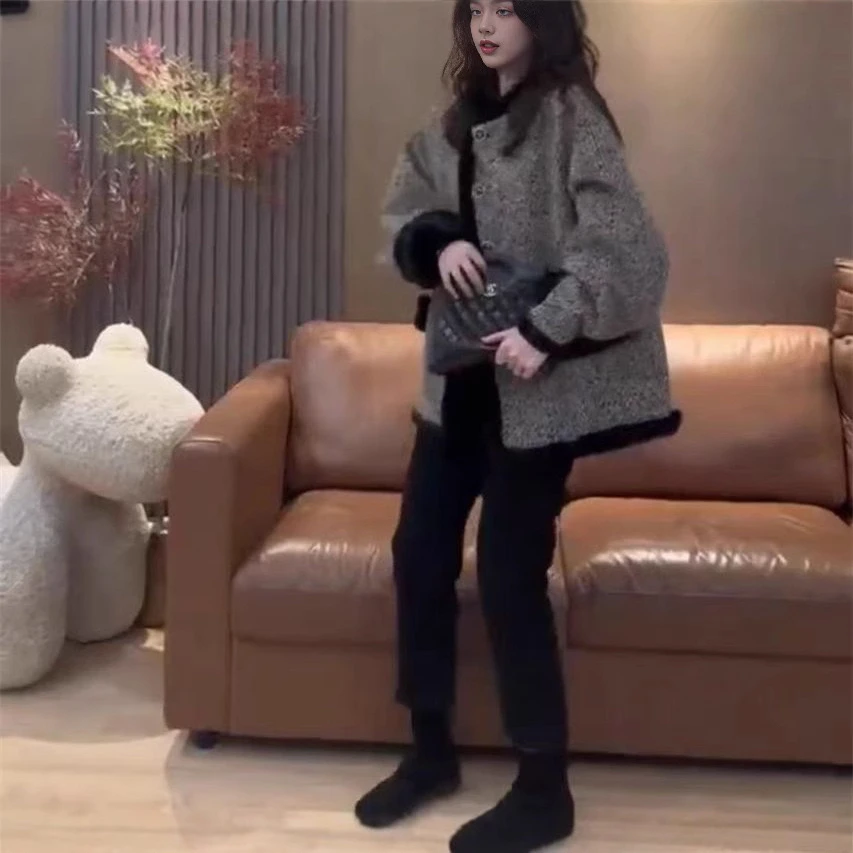 冬季新款毛毛拼接加绒外套时尚休闲裤女装套装