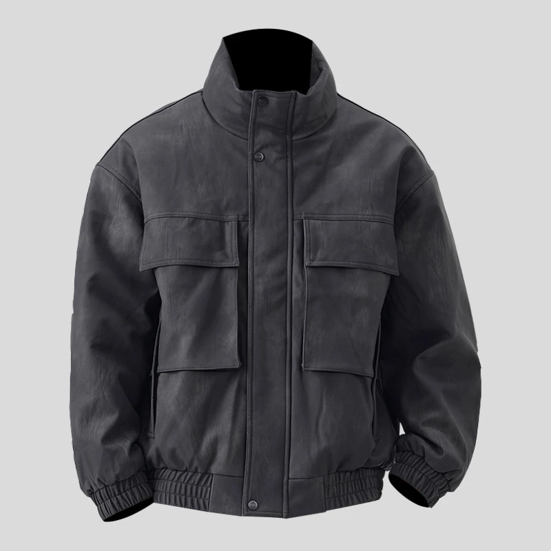 ohmmayby高级感pu皮立领羽绒服冬季新款加厚工装潮流帅气机车外套