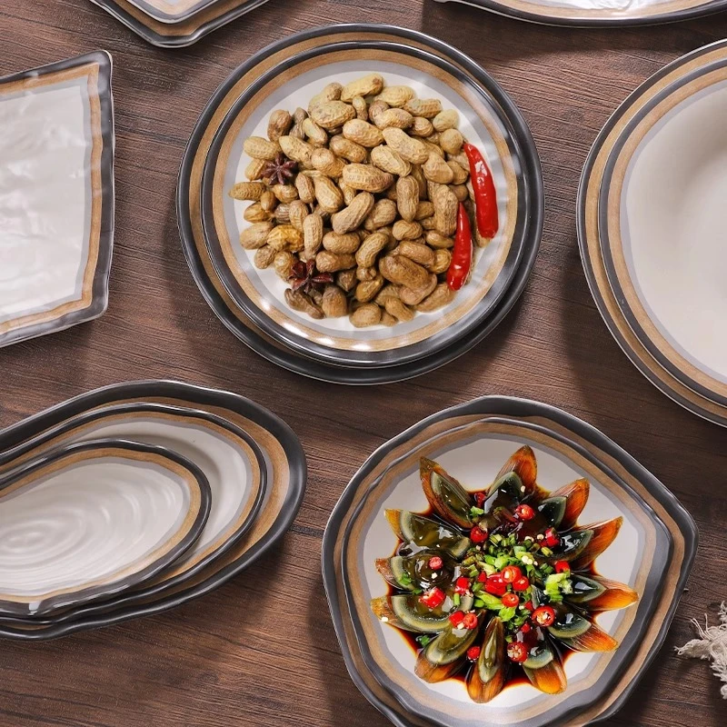 密胺粗陶餐具饭店专用盘子凉拌菜碟子炒菜盘创意仿瓷火锅菜盘商用