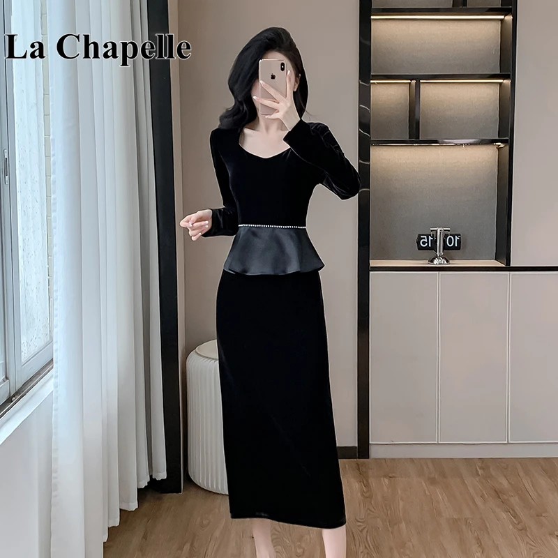 拉夏贝尔法式方领假两件黑色连衣裙女秋冬新款金丝绒拼接修身裙子