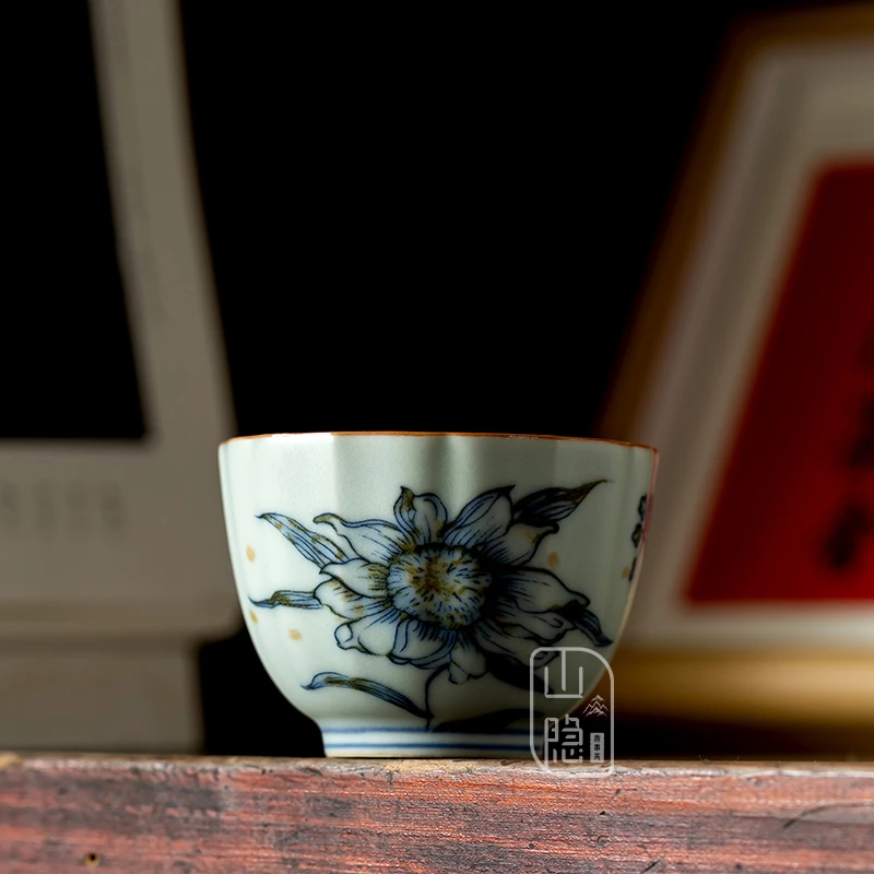 山隐趣事斋汝窑亚青花瓣杯陶瓷中式简约复古喝茶杯功夫茶具主人杯
