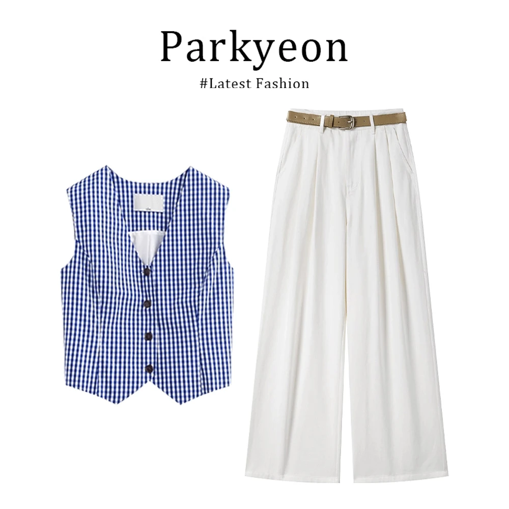 parkyeon宽松拼色复古格子v领无袖上衣女直筒阔腿休闲裤两件套装.