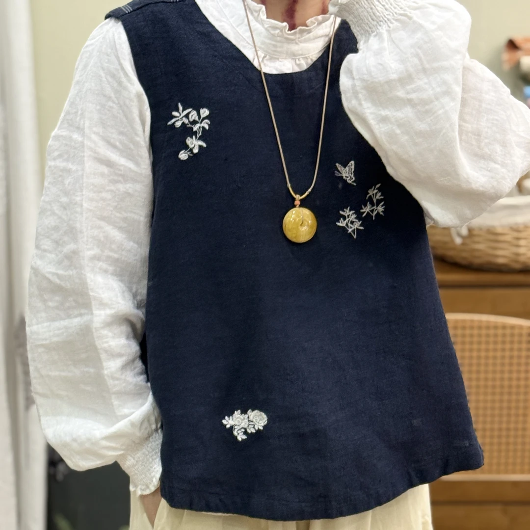 【潇然棉麻】定制款中央美院款蝴蝶套头马甲马甲宽松刺绣