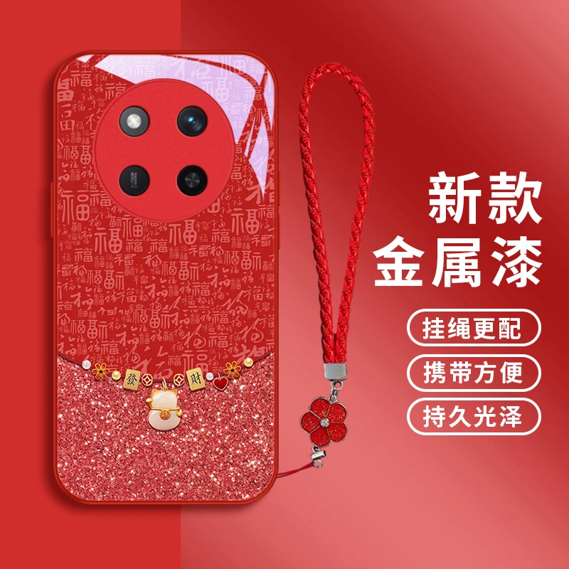 新年妆饰适用华为荣耀X60pro手机壳荣耀X50金属漆X60i玻璃X50GT女