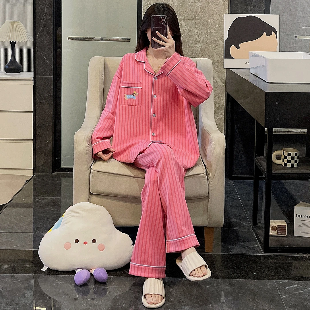 纯棉睡衣女春秋季长袖大码可外穿2025新款保暖红竖条狗套装家居服