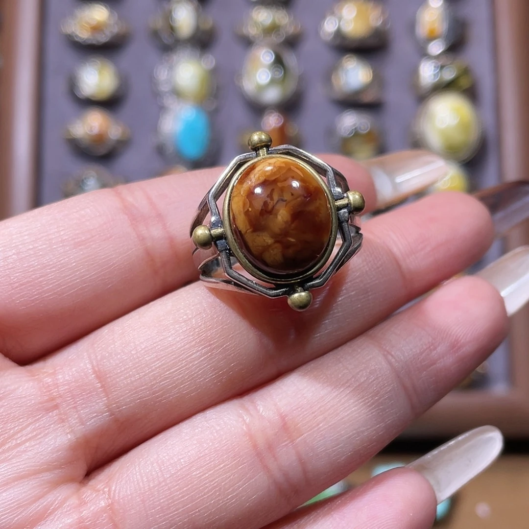 相***生琥珀银S925镶嵌戒指戒指