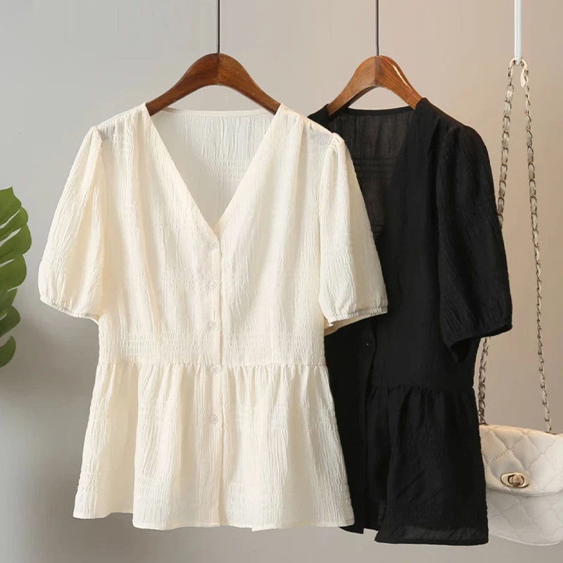 女士短袖雪纺衬衫2025夏新款大码胖mm遮肚子小衫收腰显瘦V领上衣