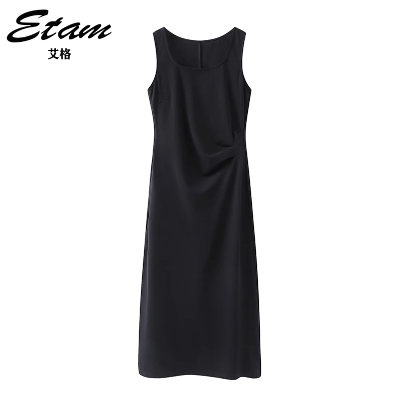 艾格经典黑色方领显瘦背心裙2025早秋新款压褶收腰气质连衣裙