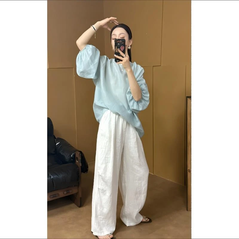 山岚氤氲 I 夏季独特袖苎麻天丝慵懒风后背系带小衫*25SANY0048