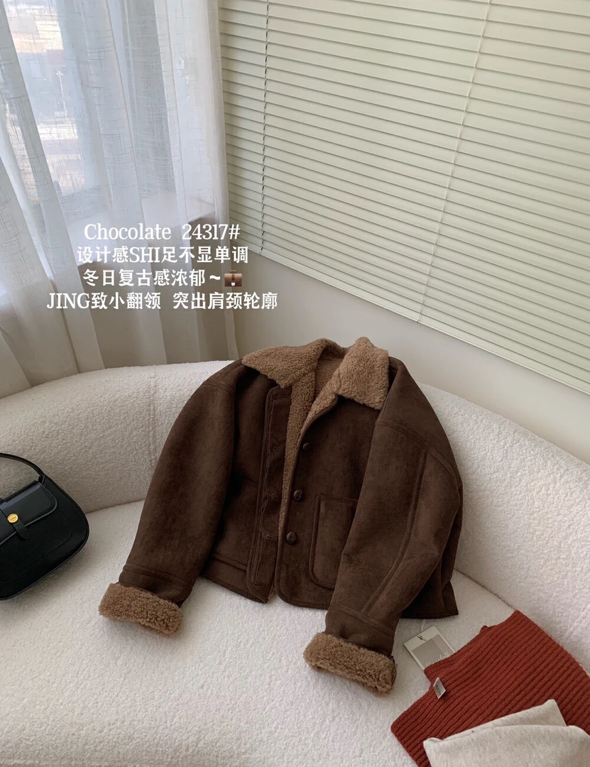 冬季保暖必备韩版慵懒感翻领设计麂皮绒羊羔毛仿皮毛一体短外套