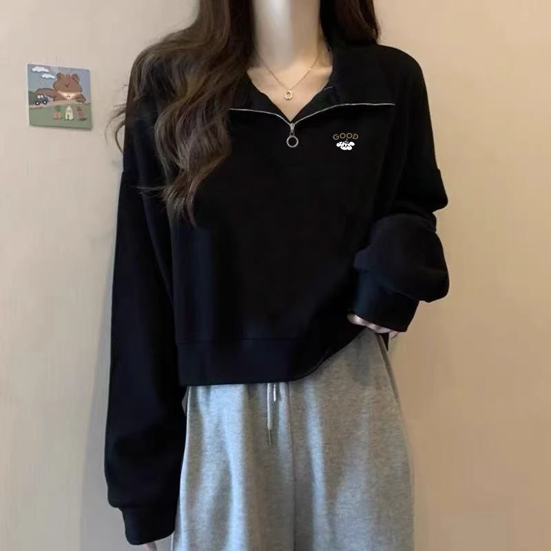 FAVMARTHA大码半拉炼polo领卫衣女2025春秋新款设计感胖mm宽松纯