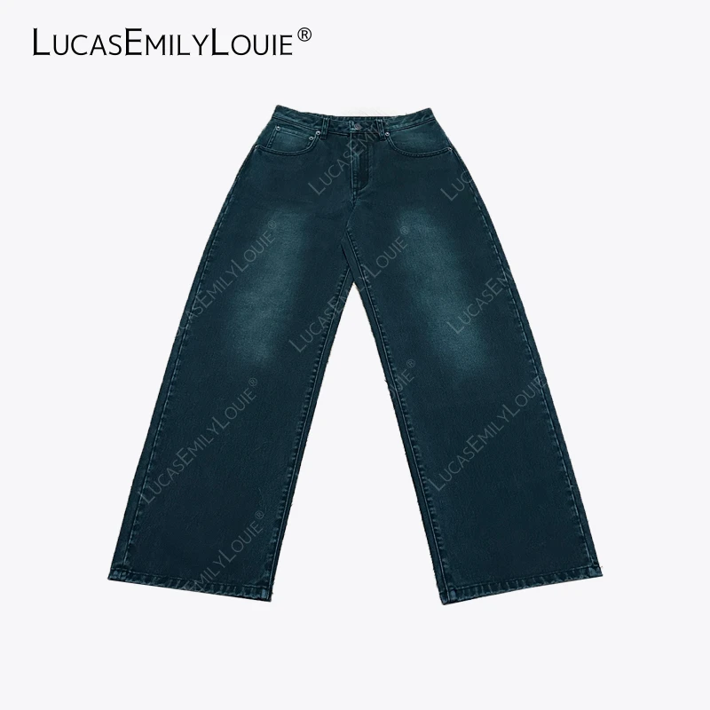 LUCASEMILYLOUIE 复古水洗褪色纯棉休闲黑蓝牛仔大长腿裤2510240