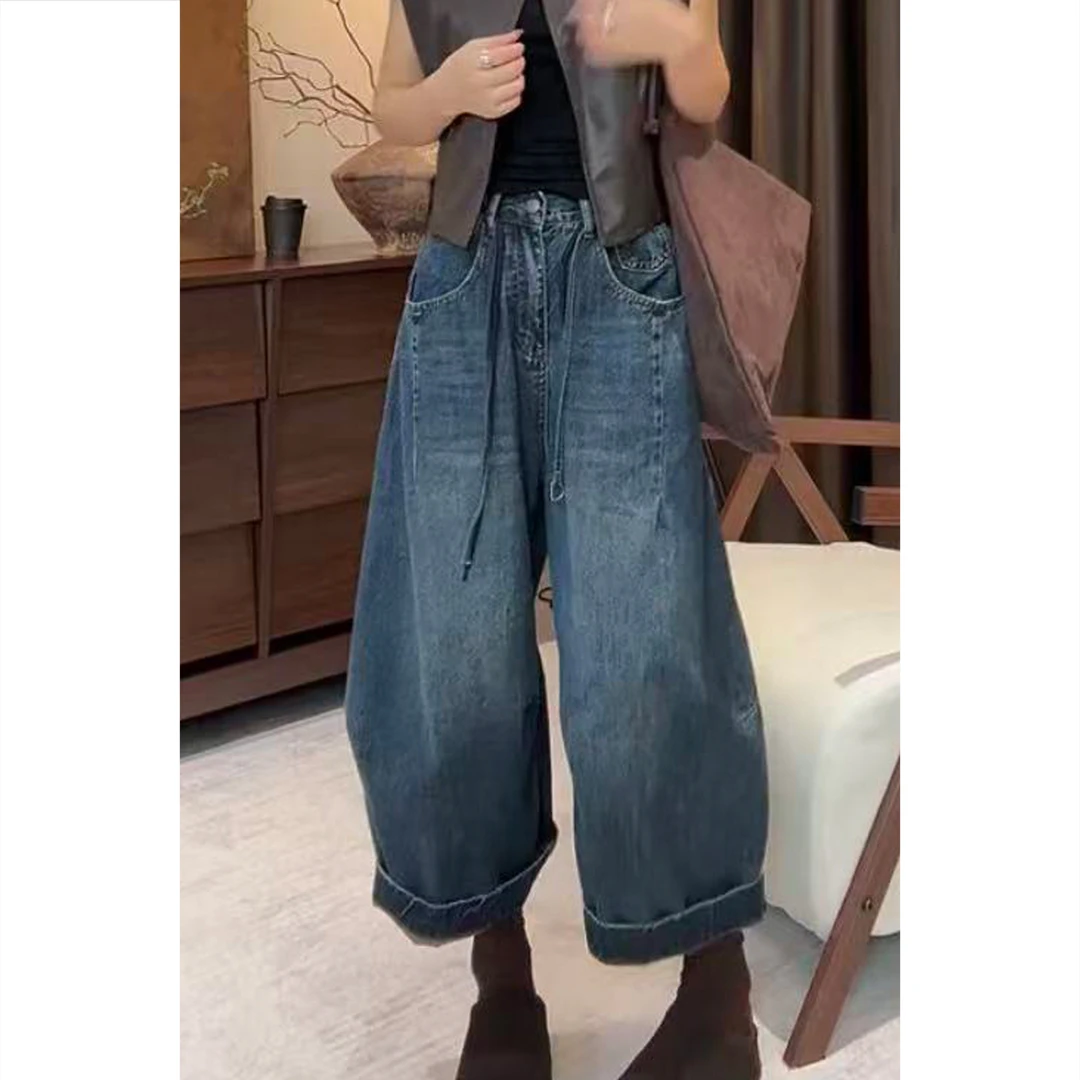 艾塔莉早秋新款复古港风牛仔裤阔腿裤九分裤子设计感百搭大码女裤