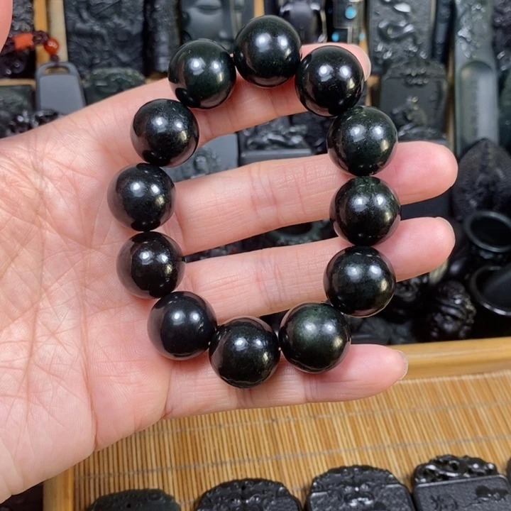 和田玉（青玉）颈饰未镶嵌卡，18圆珠手串