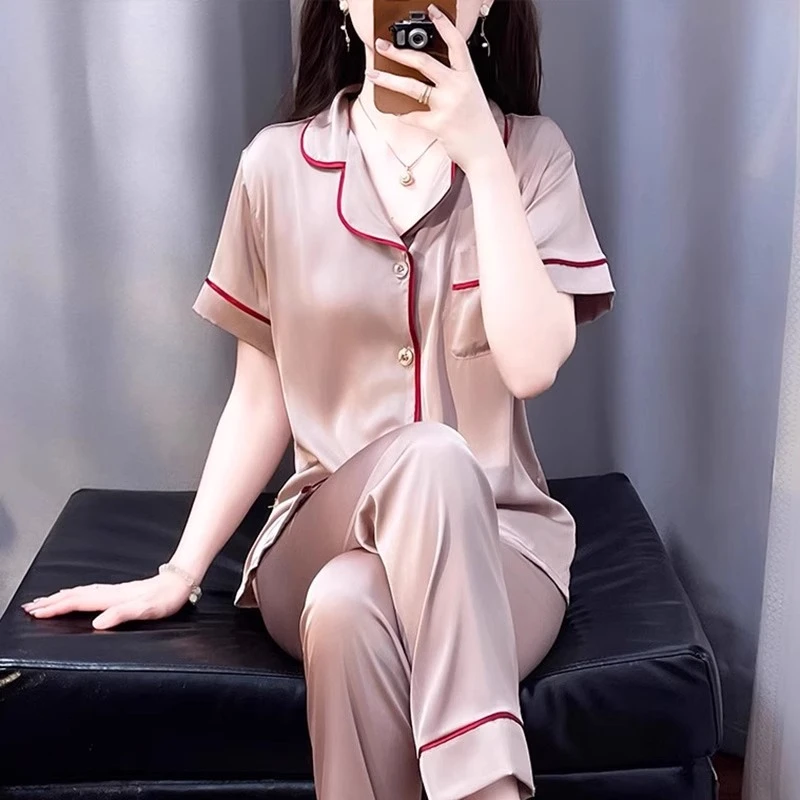 tpvl2025新款水光绸睡衣女夏季短袖长裤家居服套装简约高级感薄款
