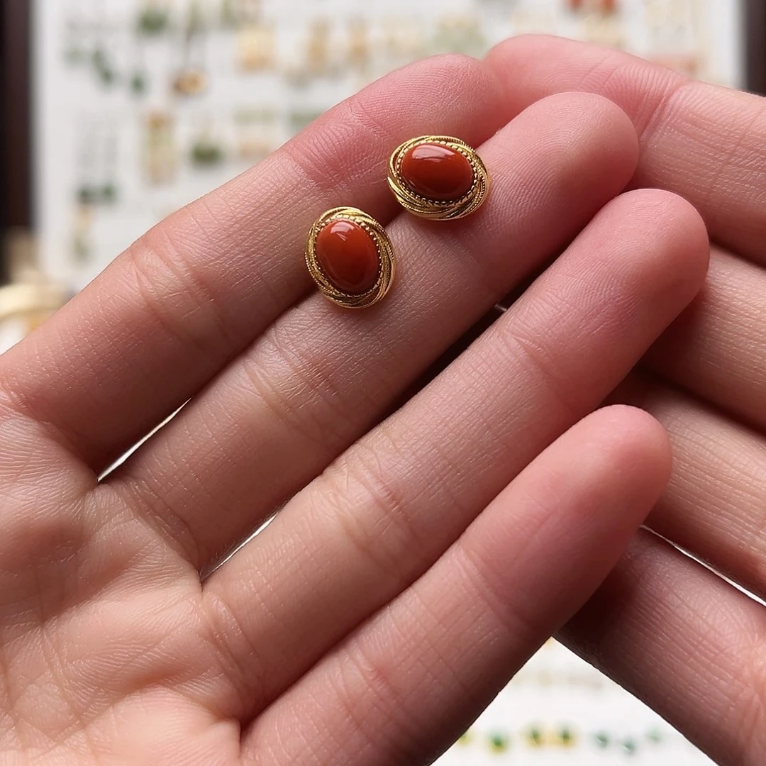 银S925镀金镶嵌和田玉耳钉