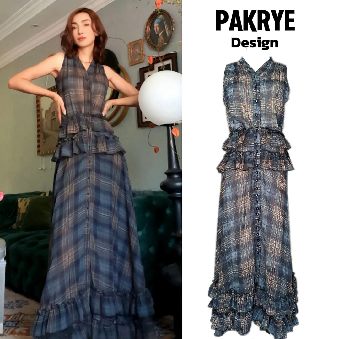 [PAKRYE]法式荷叶边收腰女士两件套显瘦气质连衣裙长款女装裙子