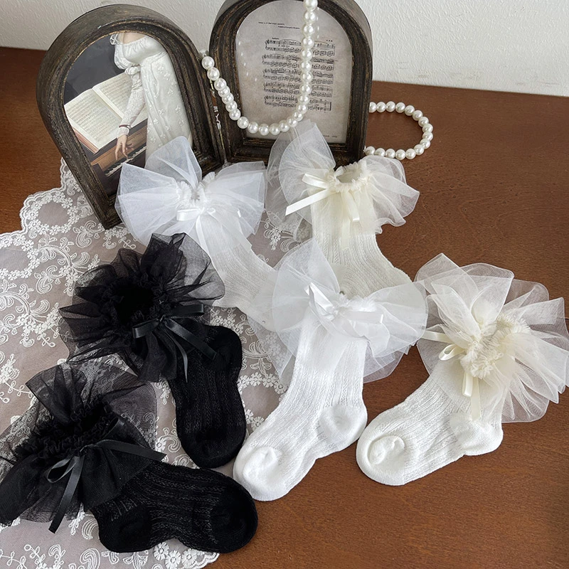 欠酱baby春夏新品薄款甜美拼接礼物纱花边蝴蝶结童袜女生短袜