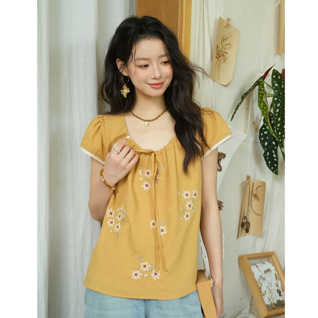 谜秀粉橘十字针刺绣抽绳飞袖小衫女复古棉感显瘦上衣舒适休闲