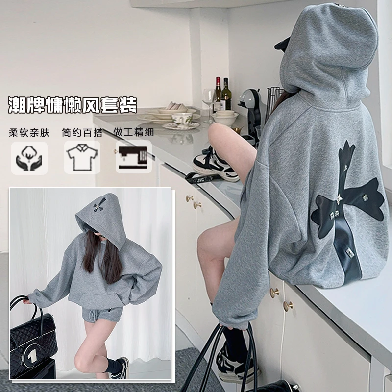 OOTD童品新款2025春季潮牌十字架连帽卫衣短裤慵懒风手工定制套装