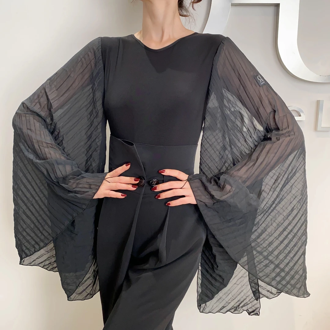 GR1197圆领雪纺百褶大飘袖连体上衣摩登舞国标舞