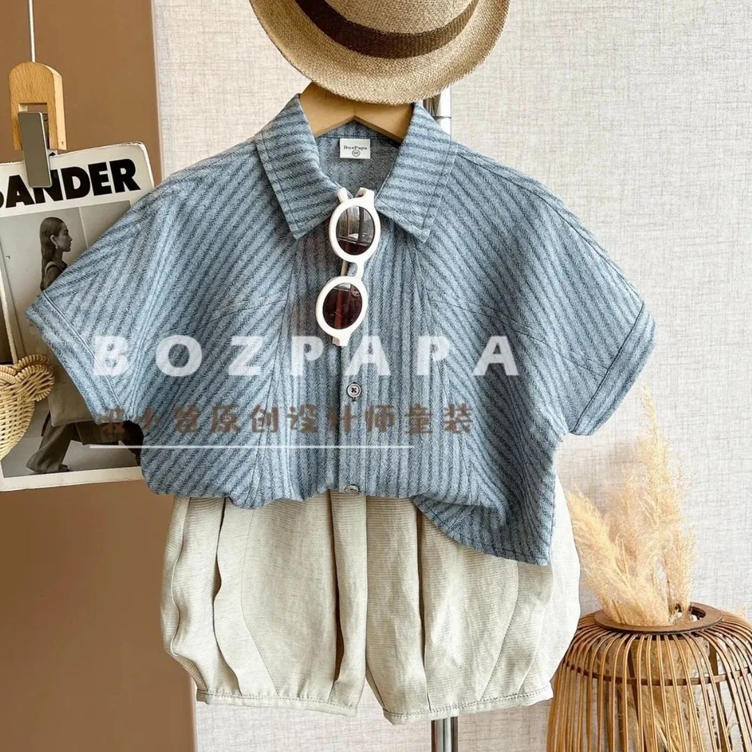 童装男童夏装套装2025夏季男童韩系休闲条纹设计短袖衬衫两件套装