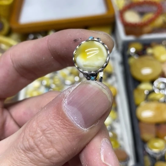 蜜蜡裸石银S925镶嵌戒指