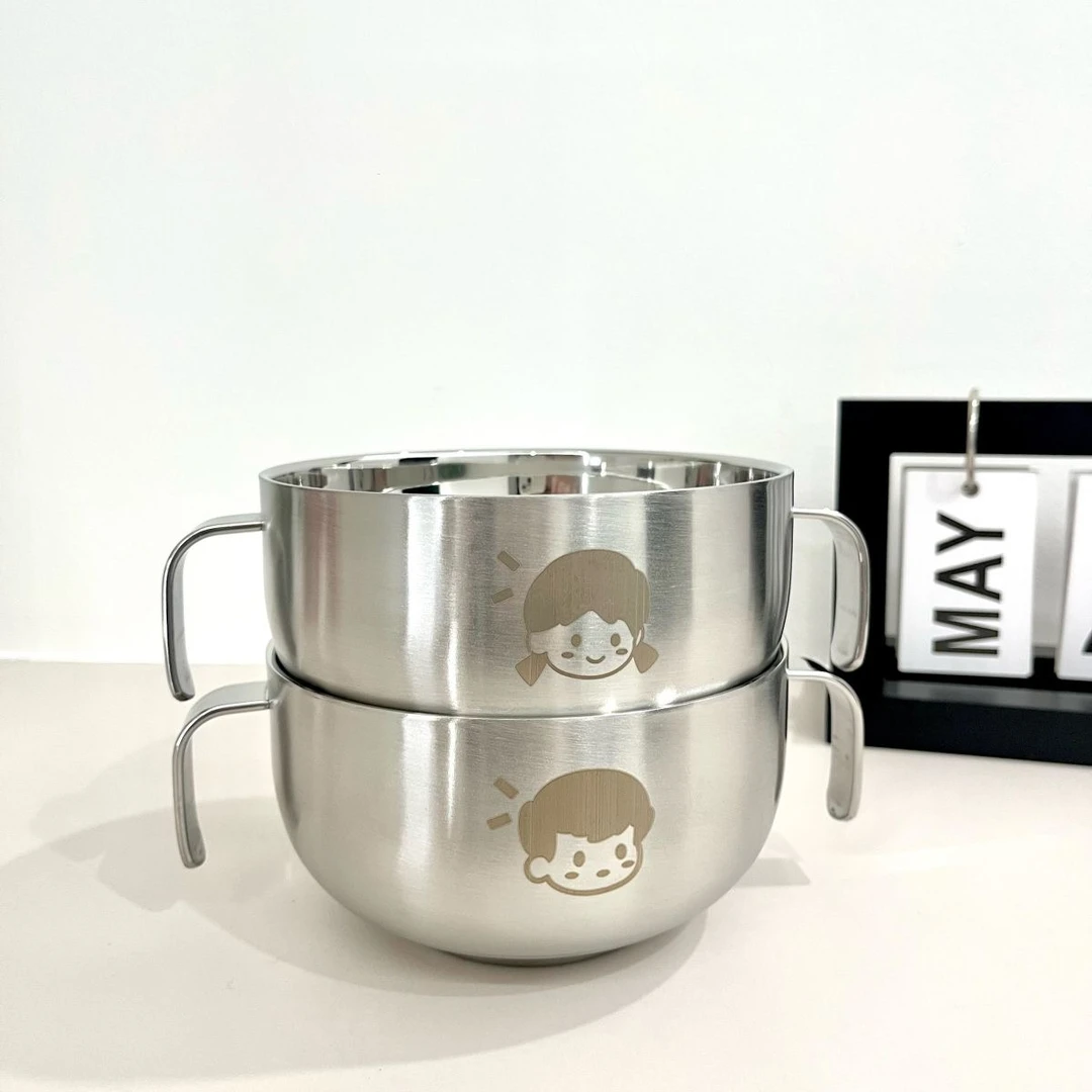 不锈钢双耳双层碗304双层碗幼儿园家用饭碗防摔隔热防烫吃饭汤碗