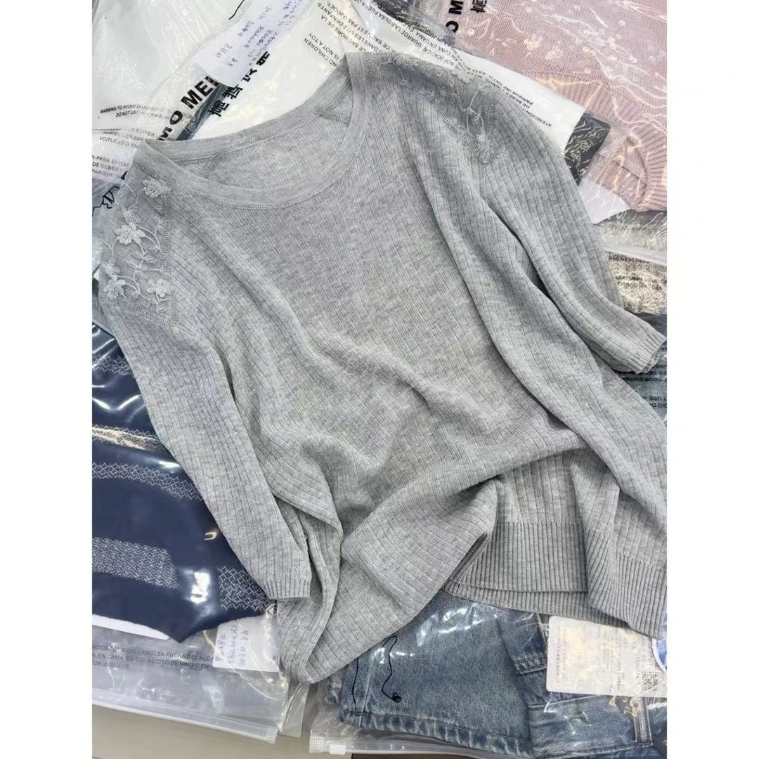 欧货肩膀蕾丝」简约百搭灰色圆领短袖针织衫女 25春夏新款