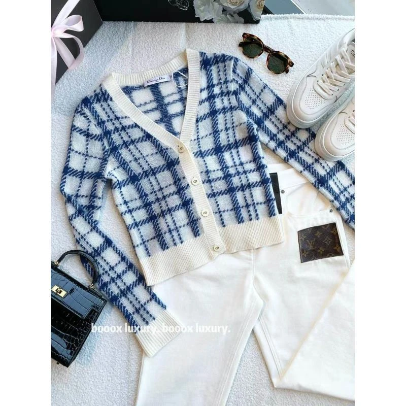 95新 DIOR/迪奥  bb2507 羊毛/马海毛 蓝色格子开衫 34码