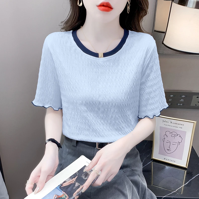 时尚木耳边短袖T恤女士恤夏季新款宽松休闲半袖气质白色大码上衣