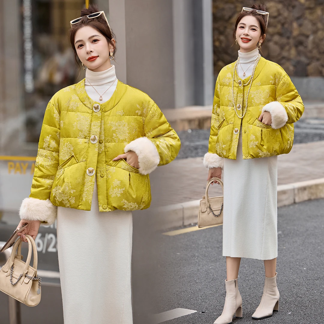 新中式国风提花羽绒服女2025冬季新款高级感优雅气质白鸭绒短外套