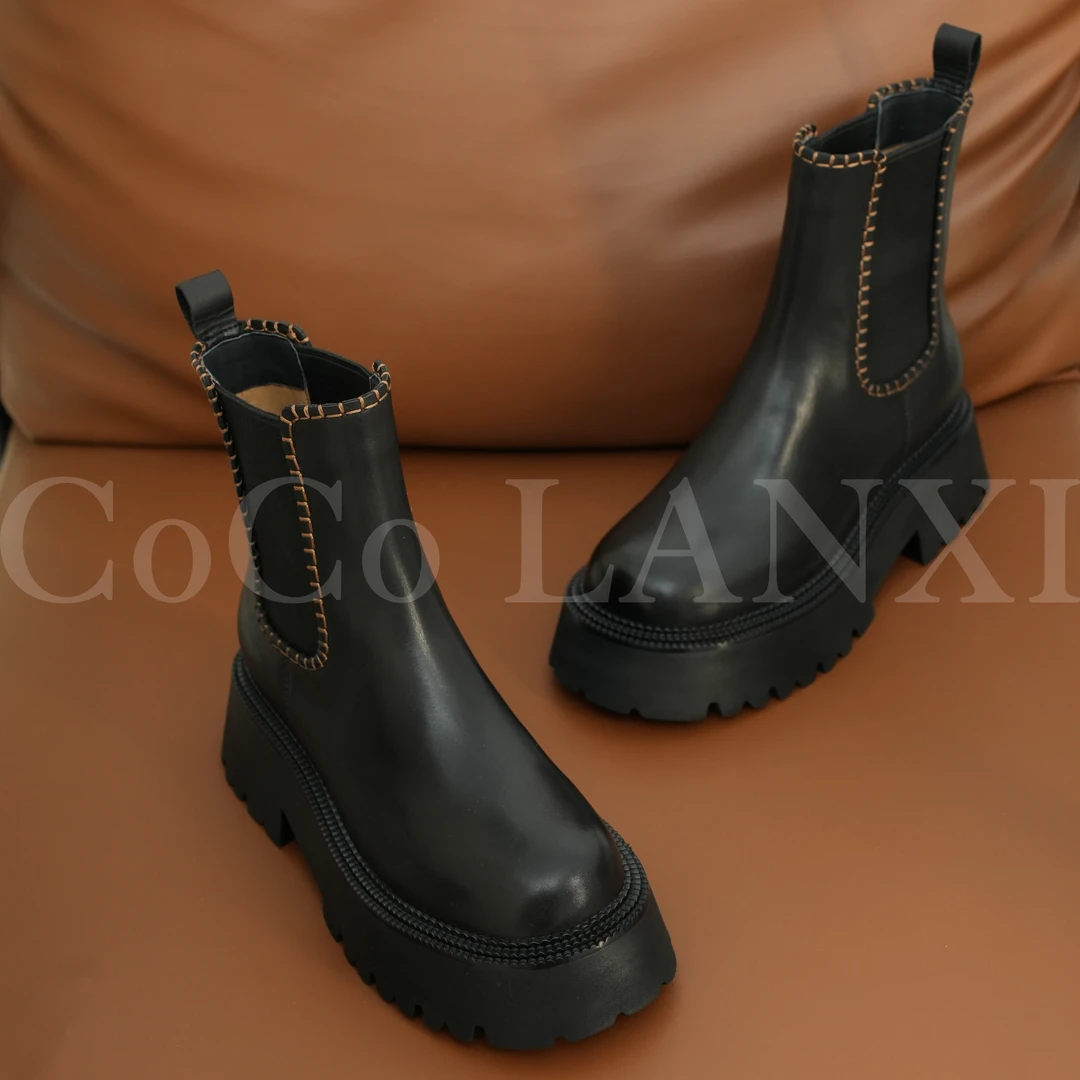 【沐风】英伦风时尚气质简约真皮帅短靴高跟厚底23X182