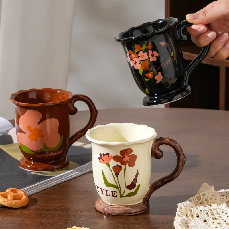 早餐杯手捏高颜值陶瓷马克杯复古创意花朵蝴蝶杯色釉牛奶杯咖啡杯