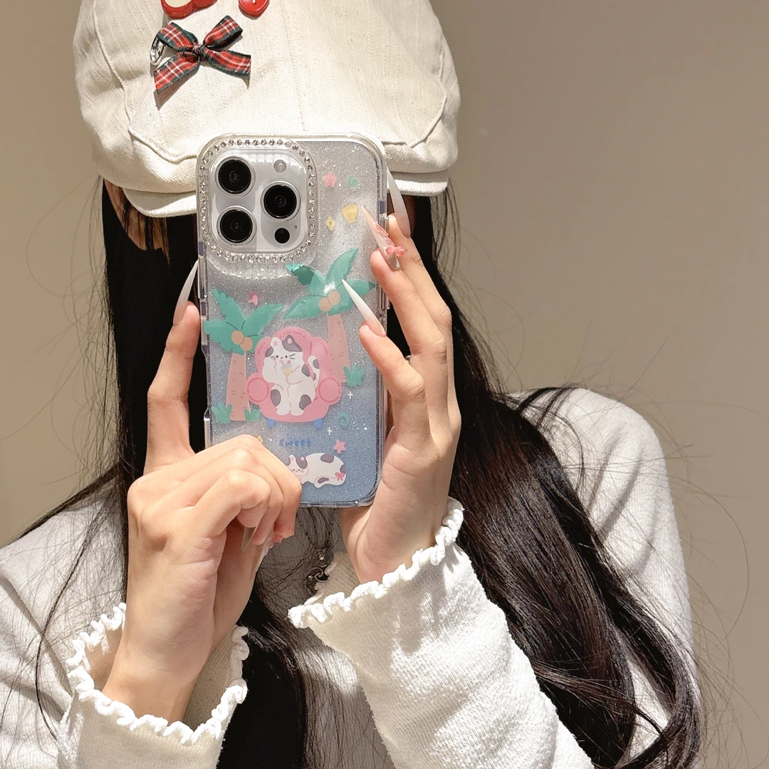 彩边奶茶猫适用苹果16promax手机壳15防摔iPhone14pm保护套潮流13