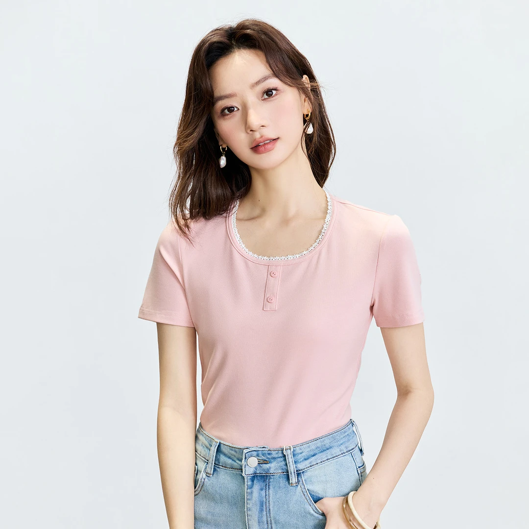 简约基础花边圆领短袖T恤女2025夏季气质百搭显瘦休闲上衣