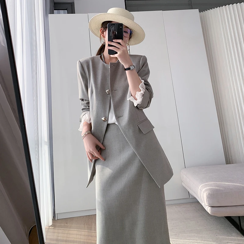 懂点小众2025秋季新款高级感灰色西装外套时尚上衣半身裙气质套装