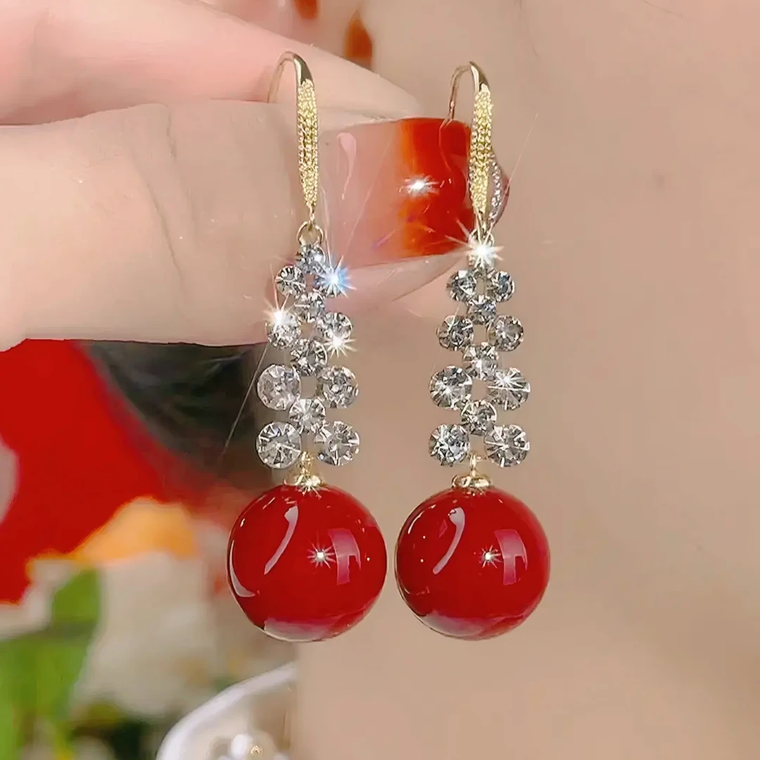 铜合金仿珍珠耳饰 轻奢气质名媛风长款微镶锆石红色珠珠耳环1243