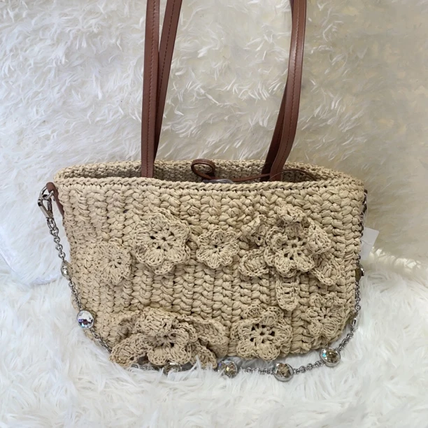 95新 MIU MIU/缪缪 爱夏奢品/缪缪/卡其色编织包/60027