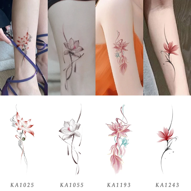 高级感古风莲花纹身贴纸易清洗彩色花朵防水持久女手臂脚踝遮疤痕
