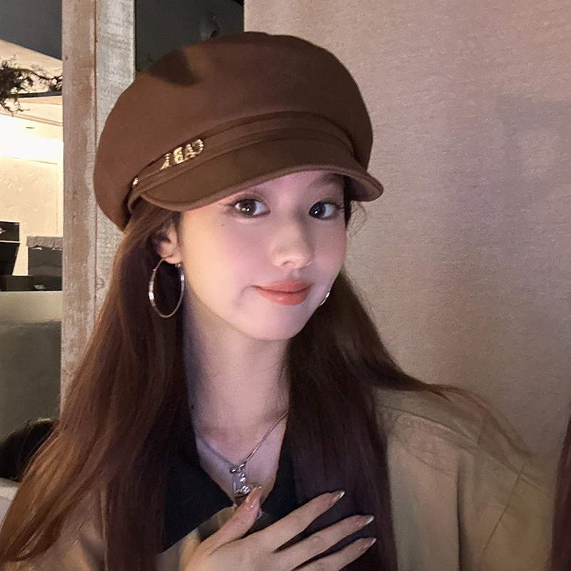 朵澜新品韩版磨砂皮精致小香风八角帽大头围显脸小贝雷帽海军帽