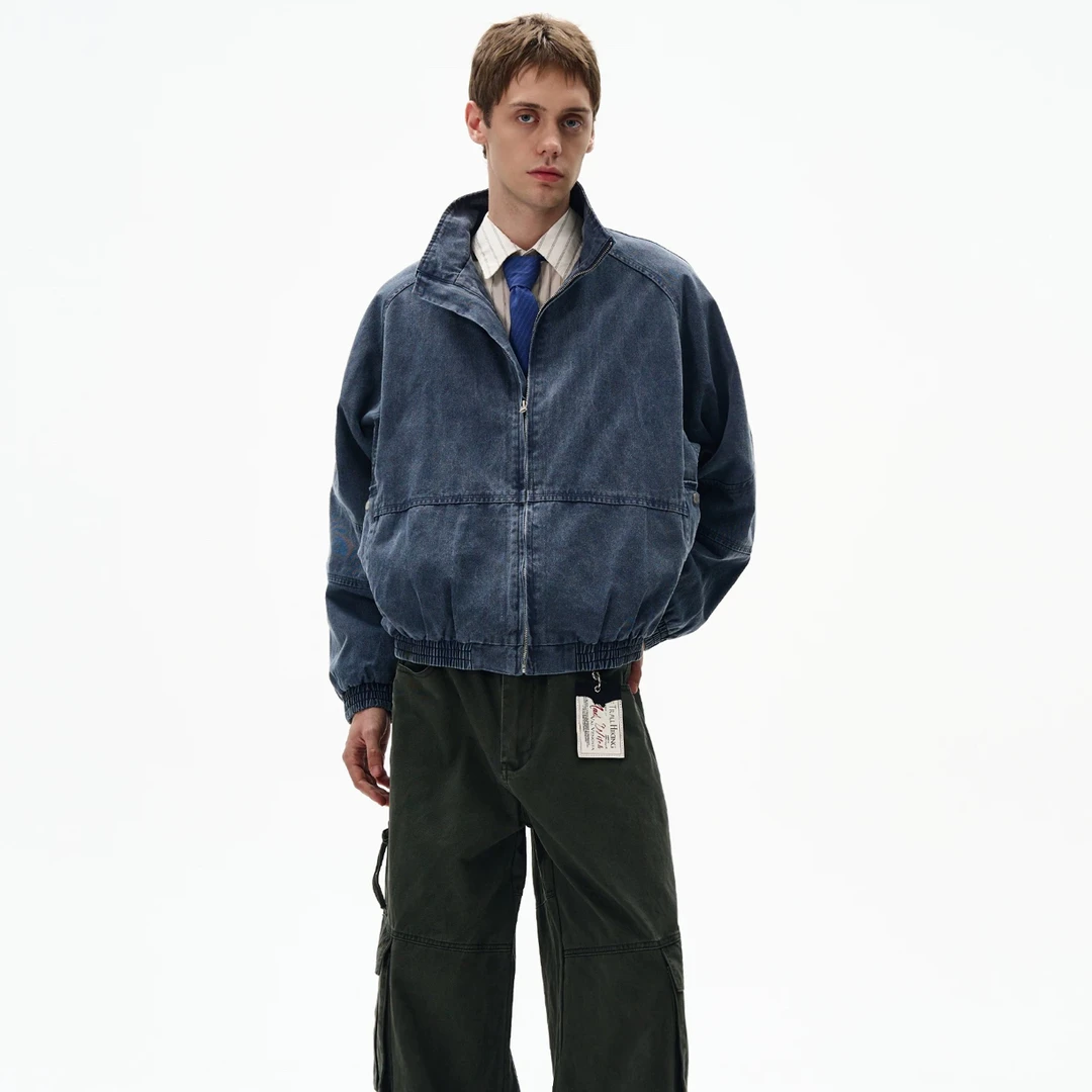 美式复古水洗做旧牛仔夹克秋季设计感立领宽松拉链外套