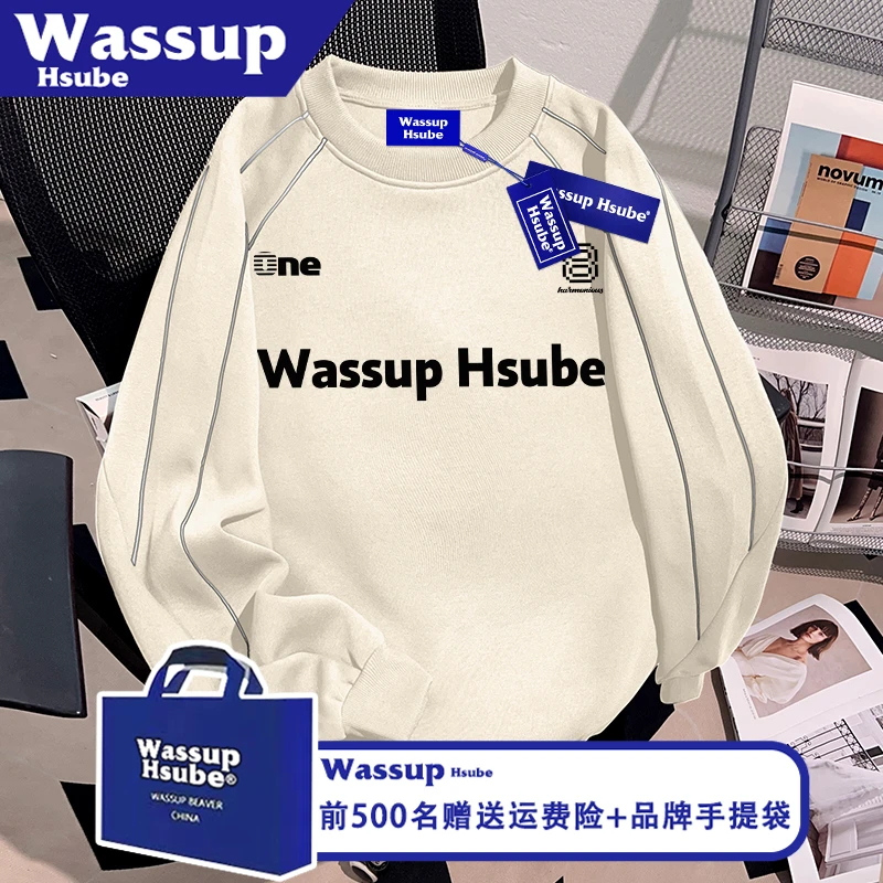 WASSUP HSUBE秋冬高级设计圆领卫衣潮牌字母印花男女款石膏白上衣