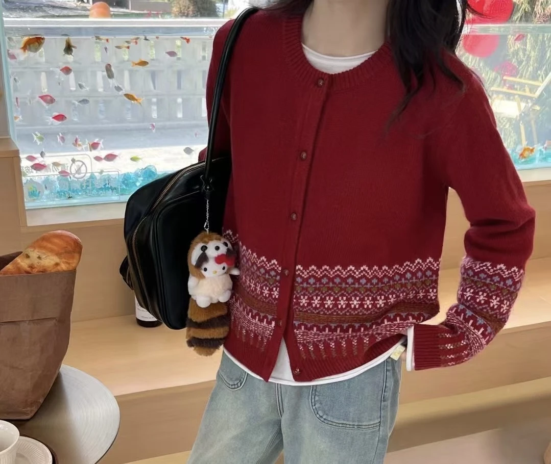 新年费尔岛撞色提花毛衣开衫