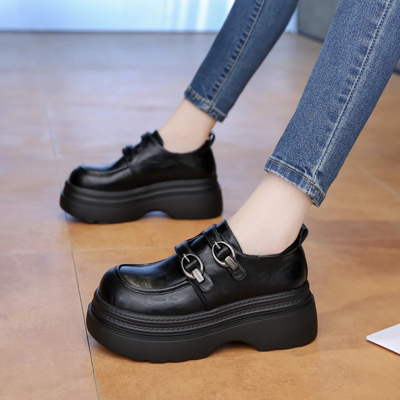 真皮厚底小皮鞋女鞋2025年秋季新款英伦百搭乐福鞋圆头搭扣单鞋女